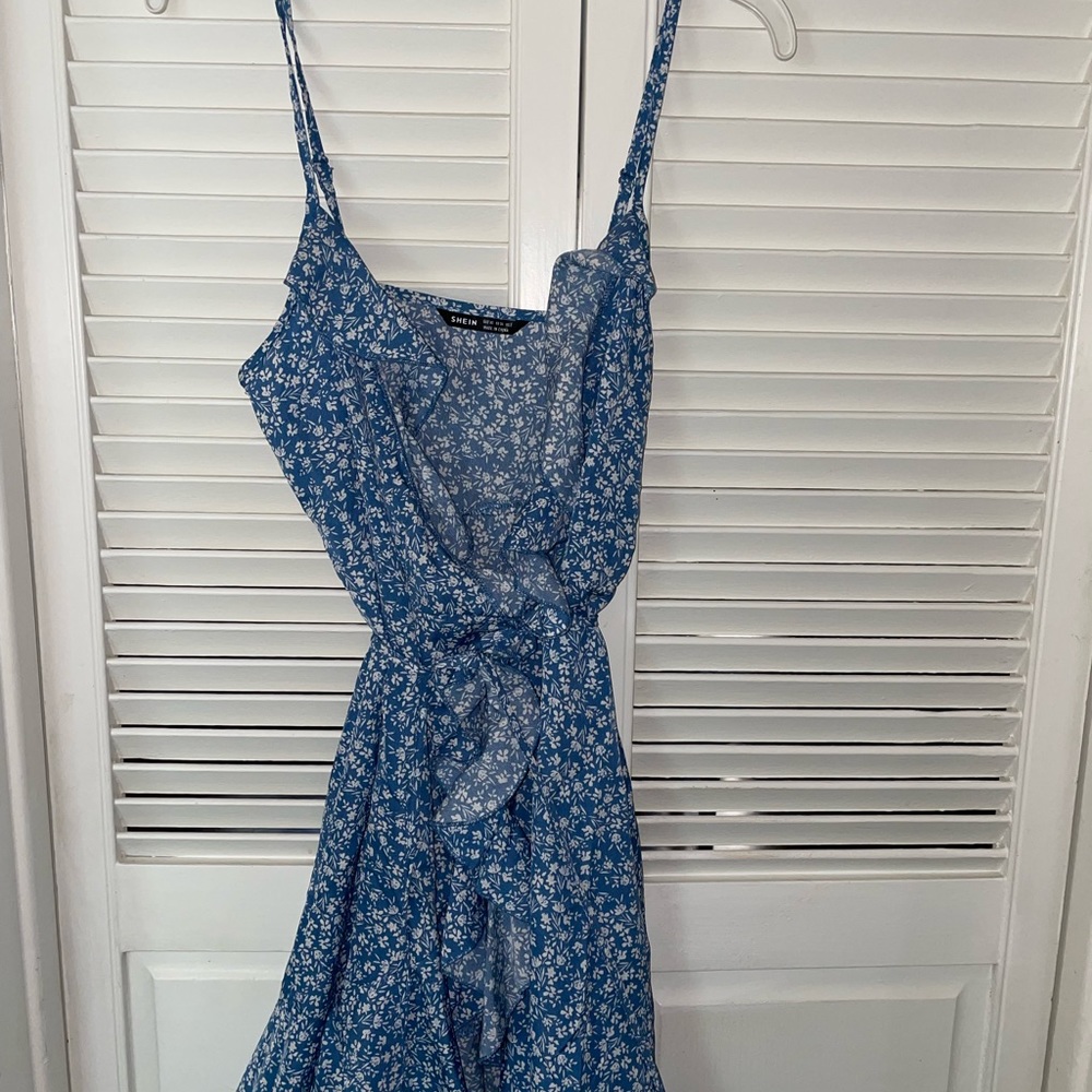 Blue floral wrap dress